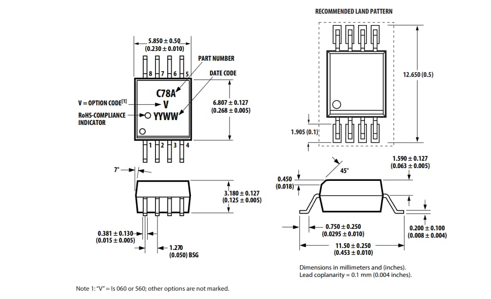 Mechanical Drawing - Broadcom ACPL-C78A/C780/C784 Isolation Amplifiers